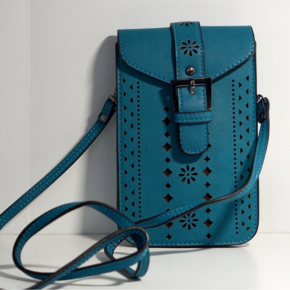 Mellow World Small Teal Perforated Cellphone Carrier with Buckle Décor